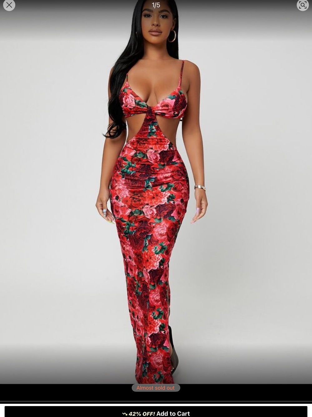 SHEIN Red Floral Cutout Maxi Dress with Pink and Green Accents